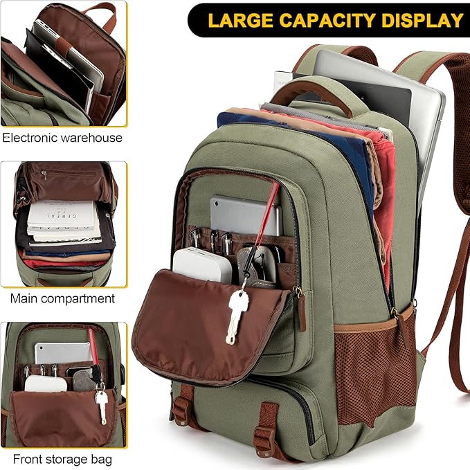 Tzowla Canvas Laptop Backpack, Bag for Men Women,Travel Work Rucksack Fits 17.3 Inch Laptop, Large Capacity Bookbag(Green)