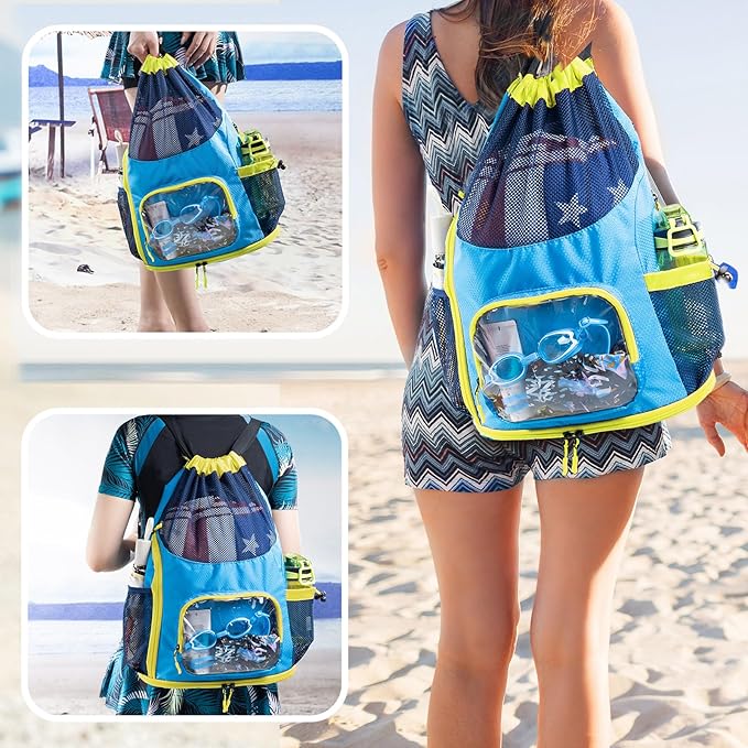 Mesh Drawstring Backpack with Shoe Compartment, Sandproof Beach Swim Bag with Wet Pocket, Pool Gym Shower Bag for Travel Summer Camp