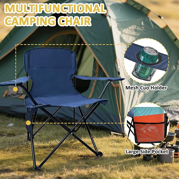 Camping Chair 2 Pack Portable Folding Chair, Supports 300lbs, Lightweight Stable Outdoor Chair for Camping Hiking Fishing Beach Travel Picnic, Compact Collapsible Camping Seat, Midnight Blue