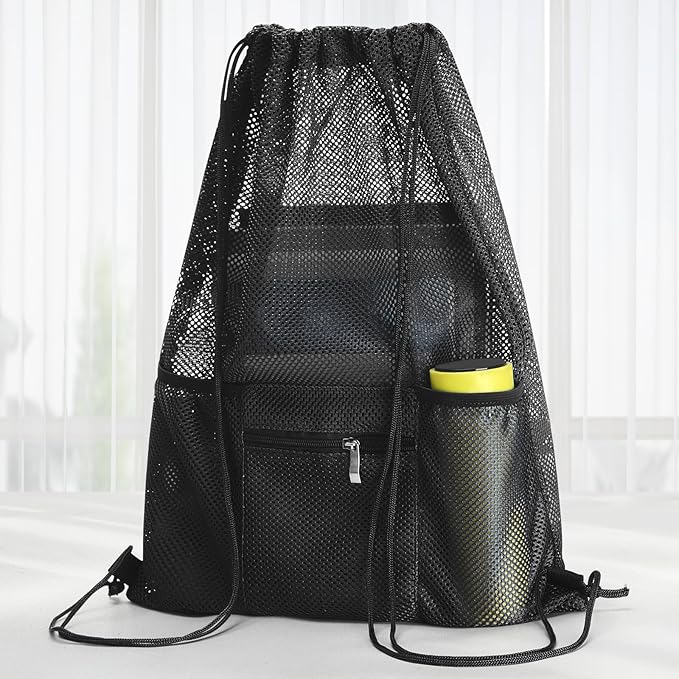 NATURAL STYLE Mesh Drawstring Backpack Bag, Gym Sports Bag with Zipper Pocket Bottle Holder, String Beach Bag for Swiming Travel (Black)