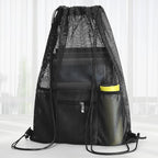 NATURAL STYLE Mesh Drawstring Backpack Bag, Gym Sports Bag with Zipper Pocket Bottle Holder, String Beach Bag for Swiming Travel (Black)