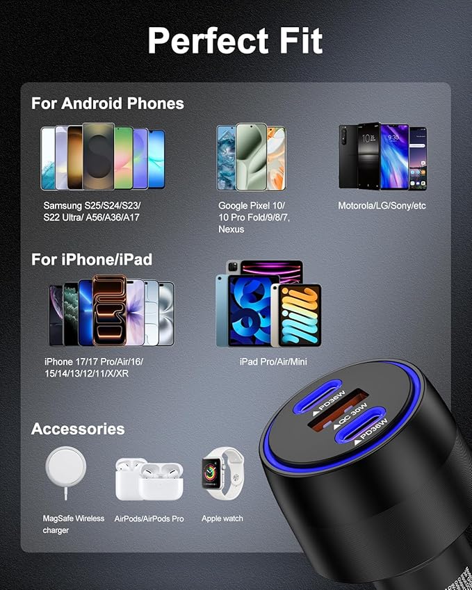 USB C Car Charger, 3-Port Super Fast Charging Cigarette Lighter Adapter for iPhone 17e Pro/Air/16/15/14/13/iPad, USBA & USBC Multiport Car Phone Charger Accessories for Samsung S26/S25/S24 FE/S23/S22