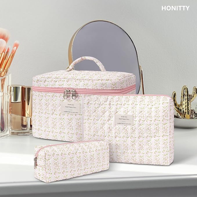 honitty Makeup Bag,Quilted Cosmetic Bags,Large Floral Make Up Organize bag,Makeup Bag Set for Women,Flower Travel Toiletry Bag