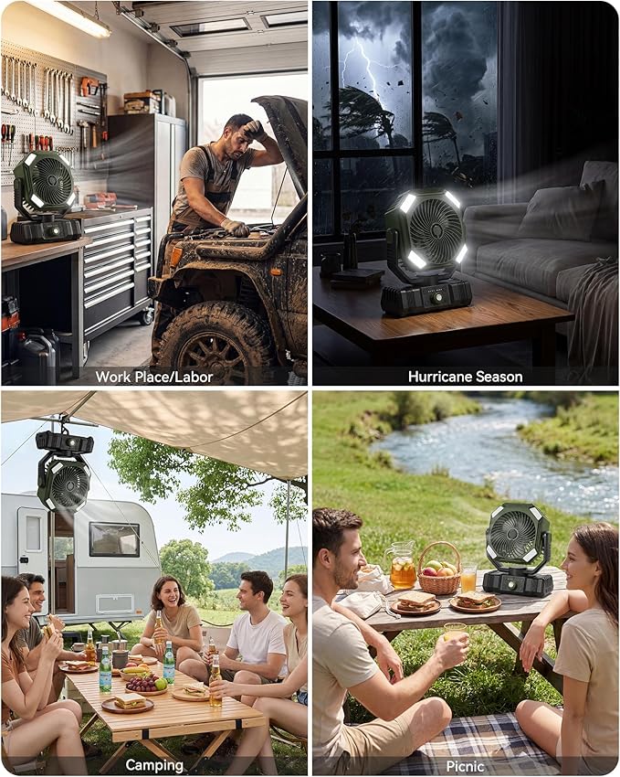 USONE Misting Fan, Portable Camping Fan Rechargeable, 20000mAh Battery Powered Fan for Camping with Light, Remote & Timer, Hanging Tent Fan with Hook for Outdoor fishing, Travel, Work,Olive Green