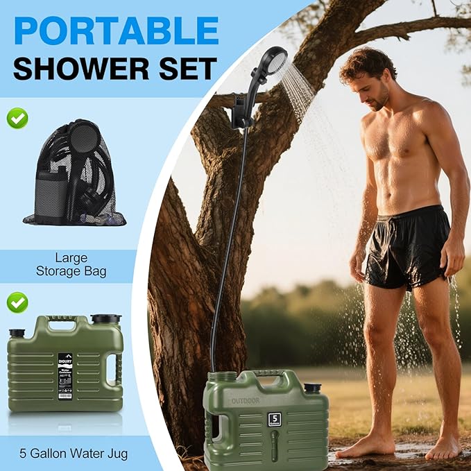 Digury Portable Camping Shower with 5 Gallon Water Jug, 6000mAh Rechargeable Outdoor Camping Shower Kit, IPX7 Waterproof Pump BPA Free Water Containers Camp Essentials