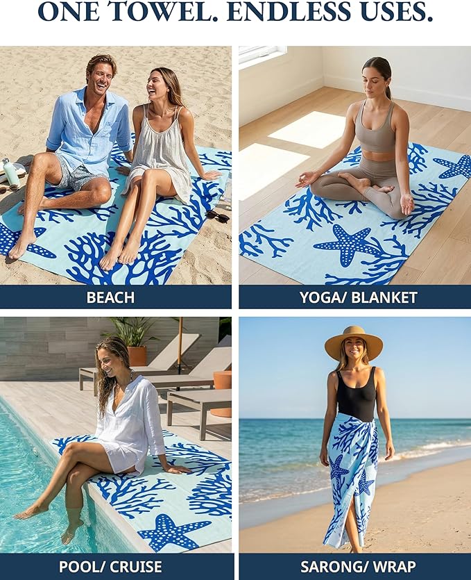 LANE LINEN Turkish Beach Towels Set of 6 – Pre-Washed, Sand-Free, Quick Dry, Lightweight Travel Towels for Women, Soft Bath Beach Towels, 39"x71" – Coastal Bliss