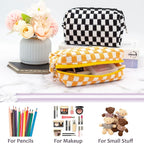 PAZIMIIK Checkered Makeup Bag for Purse Portable Zipper Make Up Pouch Small Cosmetic Case for Travel Accessories (2PCS Orange)