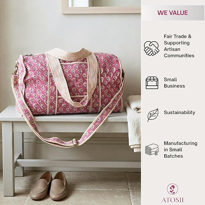 ATOSII Large Duffle Bag, Handblock Print 100% Quilted Cotton for Overnight Trip, Travel Weekender, Luggage, 2 Pockets with Zipper, 1 Front Pocket, Detachable Long Strap, 20 X 10 X 12 Inches, Berry