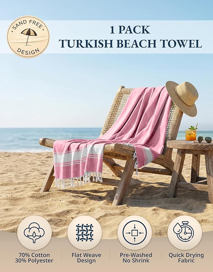LANE LINEN Large Beach Towel, Turkish Towel, Lightweight Beach Towels for Adults, 39"x71" Oversized Pool Towels, Absorbent, Quick Dry, Durable Sand Proof Beach Towel, 39"x71" - Candy Pink
