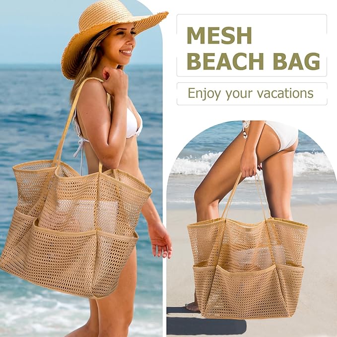 Iioscre Beach Bag for Women, Causal Hobo Pool Bags with Zipper Inner Pocket, Foldable Swim Tote Bag for Vacation Essentials
