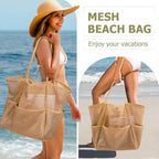 Iioscre Beach Bag for Women, Causal Hobo Pool Bags with Zipper Inner Pocket, Foldable Swim Tote Bag for Vacation Essentials