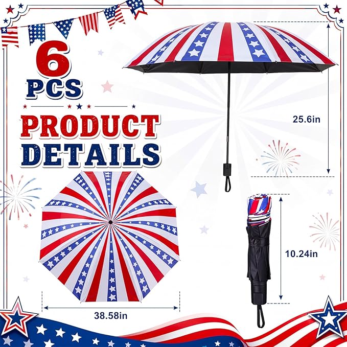 6 Pcs Patriotic American Umbrellas Red White Blue 4th of July Umbrellas with 8-Rib and Black Coating, Windproof
