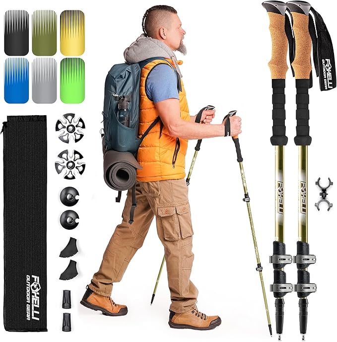 Foxelli Trekking Poles – Lightweight Collapsible Aircraft Grade Aluminum Hiking Poles with Cork Grips Quick Locks & All-Terrain Accessories – Pair of 2