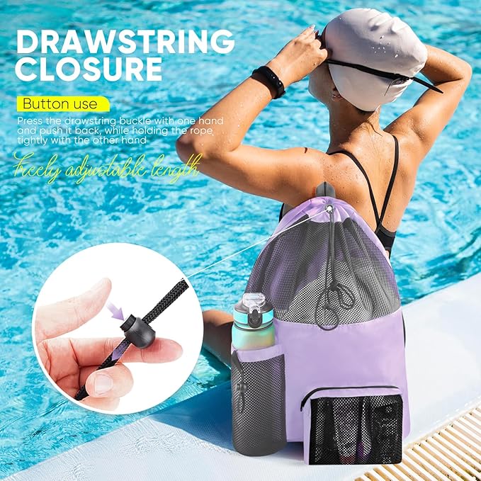 HOHOM Swim Mesh Beach Bag, Waterproof Gym Bags for Women and Men, Large Pool Bag Swimming Gear Drawstring Backpack