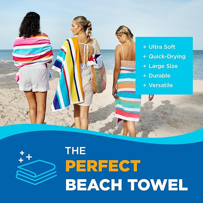 Kaufman - Joey Velour Colored Classic Multi-Color Stripe Beach & Pool Towel - Large 100% Combed Cotton Beach Towel - Soft & Absorbent Colorful Towels - 32" x 62" - 12 Pack