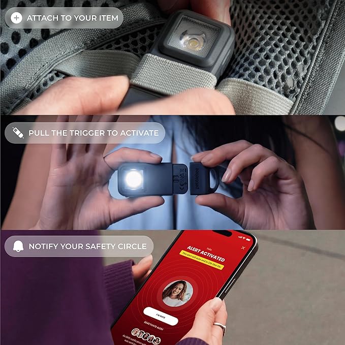 Pebblebee Halo Personal Safety Alarm | Loud Siren & Strobe Lights with Location Sharing, Rechargeable Safety Keychain Device with Flashlight | Works with Apple Find My & Google Find Hub