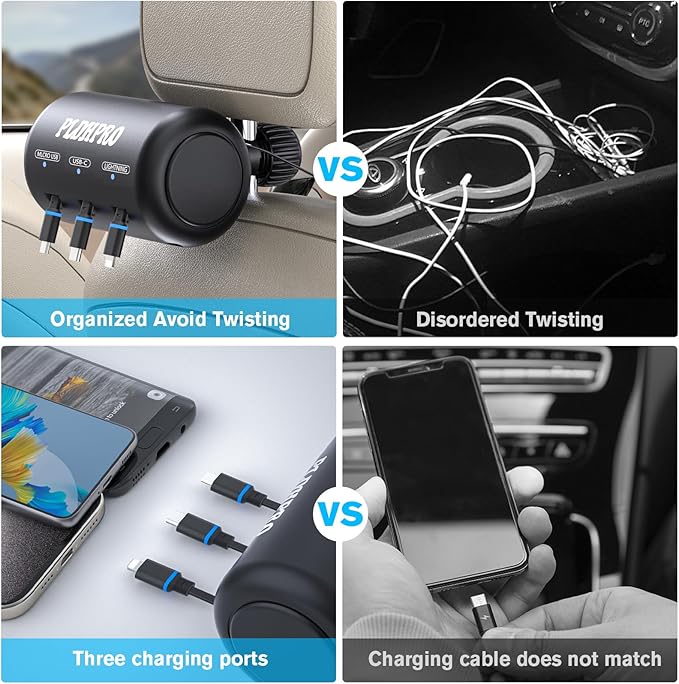 Retractable Car Backseat 3 in 1 Multi Charging Station Box with USB Type C Lightner Retractable Cables for All Phones | iPhone | Samsung | Android | Uber | Share Ride Customer Charging Dock