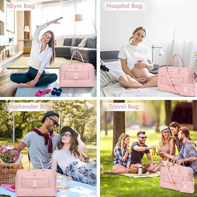 Initial Travel Duffle Bag for Women - Pink Personalized Weekender bags Overnight Bag with Shoe Compartment & Wet Pocket Weekend Tote Bags with Toiletry Bag Monogram Christmas Gifts (Letter E)