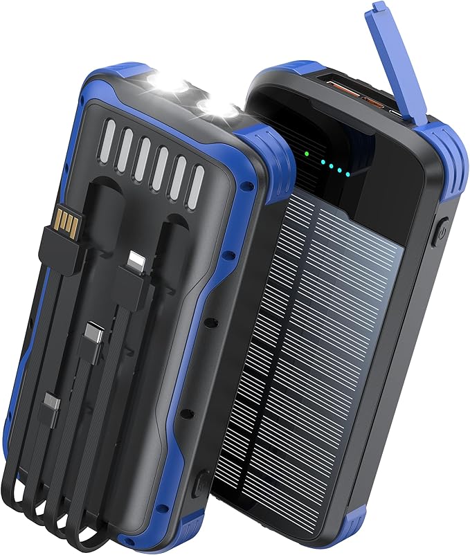 Solar Charger Power Bank, PD 20W Fast Charging External Batter, 40000mAh Portable Phone Charger Built in 4 Cables with Dual Bright Flashlights for Camping, Hiking, and Outdoor Use (Blue)