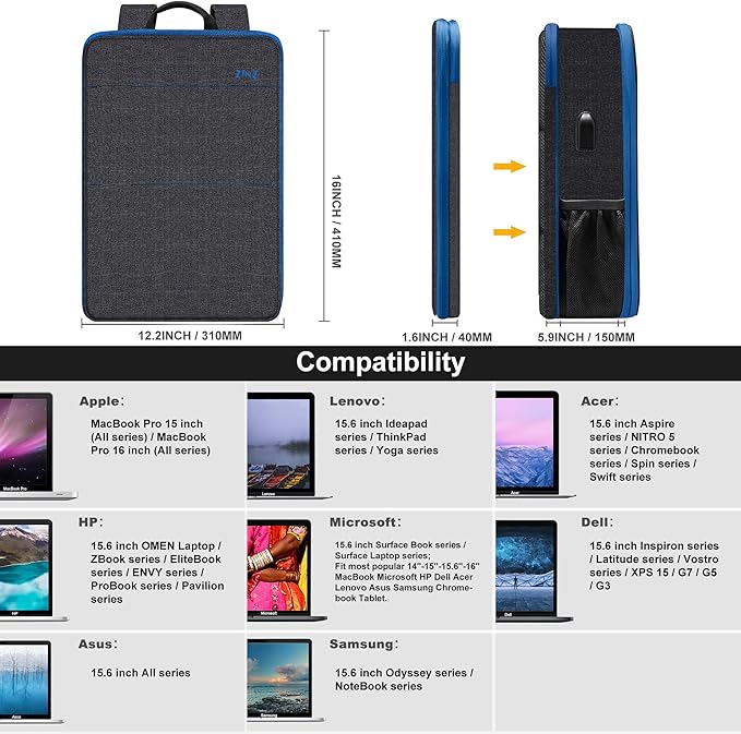 ZINZ Slim & Expandable Laptop Backpack 15 15.6 16 Inch Case, Water Resistant Travel Backpack Compatible with MacBook Pro/Neo 16" 15", Dell XPS 15 16 and Most 15" 15.6" 16" Notebooks，B01BL01