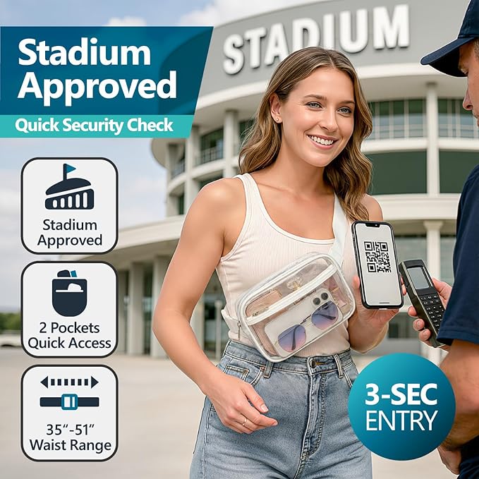 Veckle Clear Fanny Pack Stadium Approved - Plus Size 35-51 Inch Adjustable Strap Transparent Belt Bag for Women Fits 7.5" Smartphone, Clear Bag for Stadium Events Concerts, 2-Pack, 1 Black & 1 White