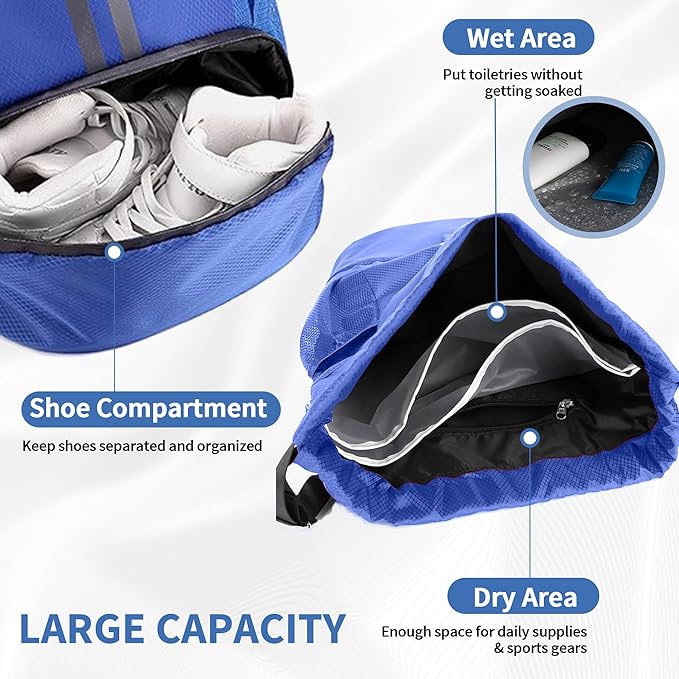 JELUTAR Drawstring Backpack Gym Bag with Shoes Compartment for Soccer, Basketball, Swim, Water-Resistant String Backpack Beach Cinch for Women Men, Blue, Medium