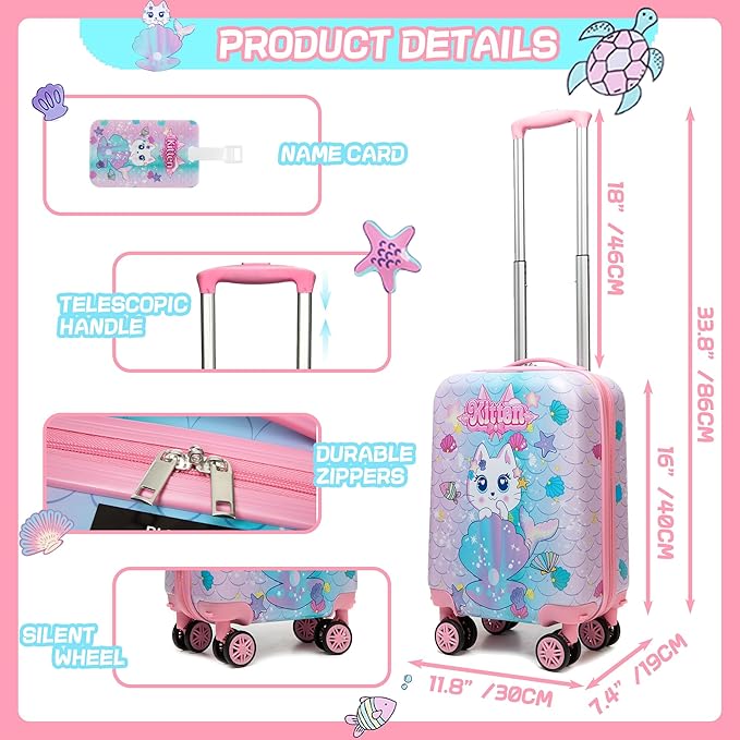 Cute Cat Kid's Luggage Set: 2 Piece Hardside Spinner Wheels Suitcase Set, 16' Airline Approved, Pink Cat Pattern, Ages 5+