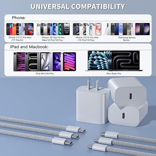 10FT iPhone Charger Fast Charging Cord, 20W Fast USB C Charger Block with 3 Pack 10 ft Extra Long Charging Cable for iPhone 17/17 Pro/17 Pro Max/Air/16 Pro Max/16 Plus/15 Pro Max/15 Plus,iPad Pro/Mini