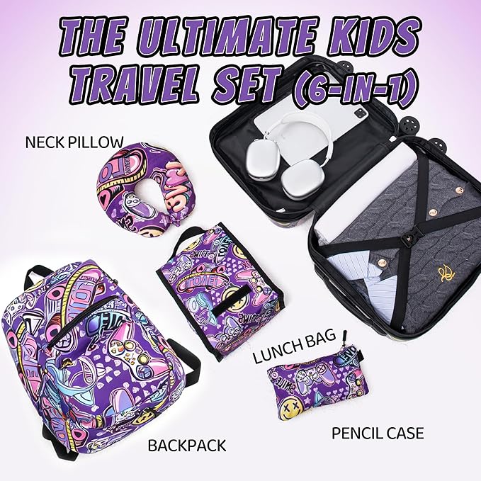 Rosamo Kid’s Luggage Set 6 Piece Suitcase Set 16" Hardside Luggage with Spinner Wheels Girls Boys Carry on Luggage Travel Rolling Luggage Airline Approved (Emoji)