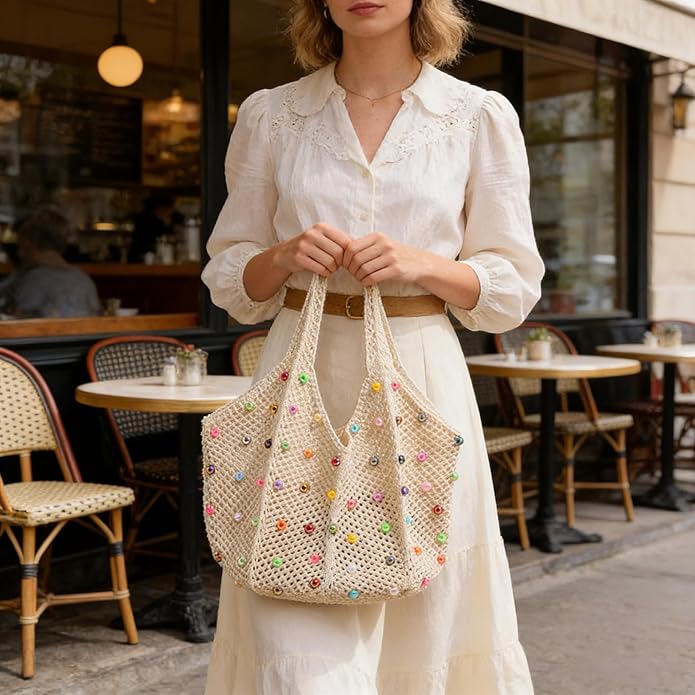 Boho Crochet Beach Tote Shoulder Bag with Colored Beads | Colorful Aesthetic Hippie Knit Bag for Women