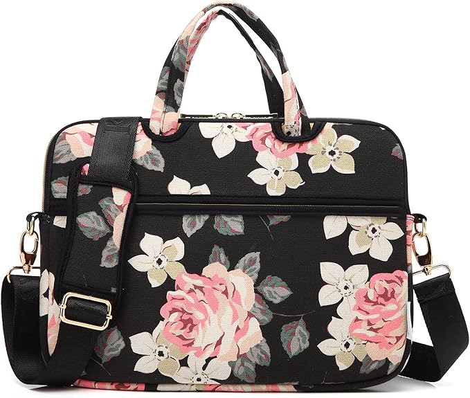kayond Black Rose Patten water-resistant Laptop Shoulder Messenger Bag Case Sleeve for 14 Inch 14.1 Inch Laptop