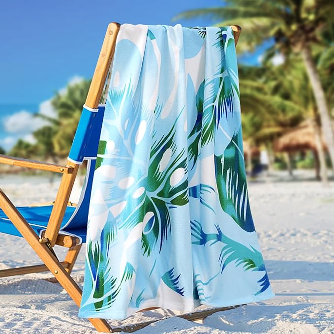 Oversized Terry Beach Towel 36 x 72 in Soft Extra Large XL Big Pool Swimming Towels for Adults Clearance Blanket Travel Essentials Cruise Accessories Must Haves Vacation Stuff Lounge Chair Cover Palm