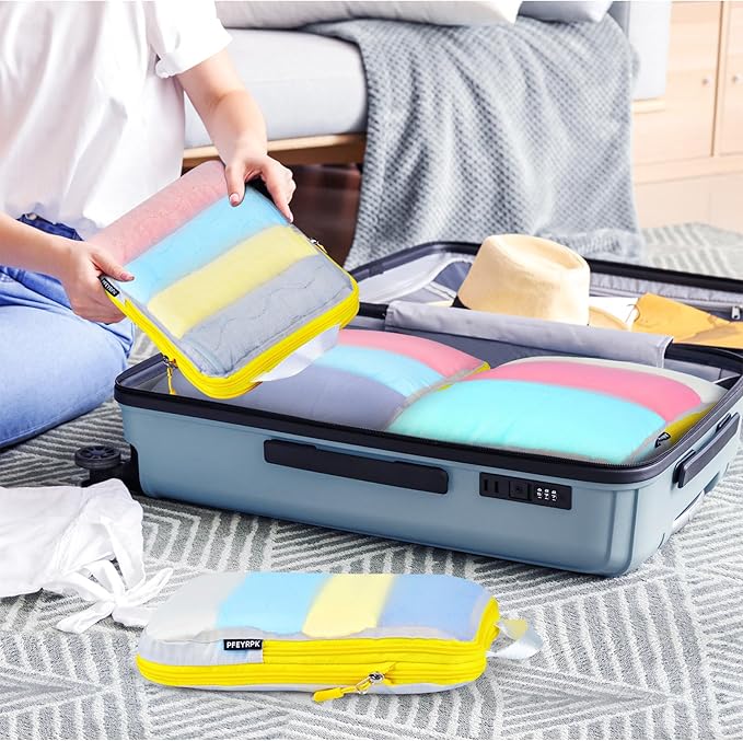 PFEYRPK Lightweight Compression Packing Cubes for Suitcases, Compressible Expandable Travel Packing Organizer with Clear Toiletries and Backpack Bag, Travel Essentials for Carry on Luggage 7 Set