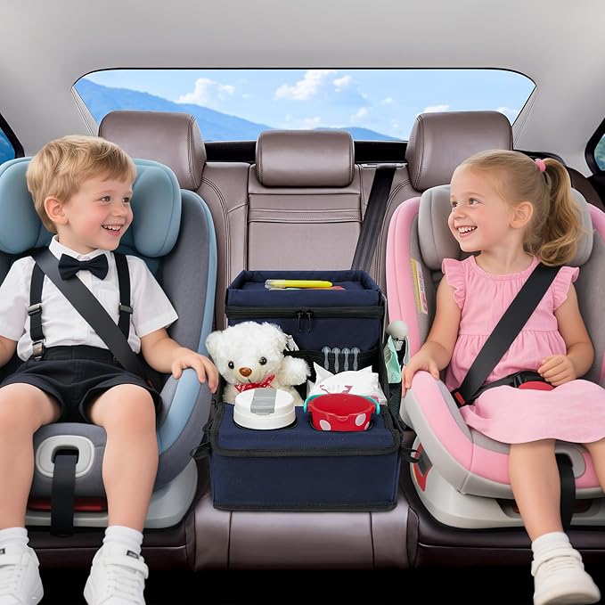 Backseat Organizer for Kids & Adults – Car Seat Cooler Warmer with 2-in-1 Writing Tray, Cup Holders & 11 Storage Compartments | Road Trip Car Organizer for Front & Back Seat (Black) (Navy Blue)