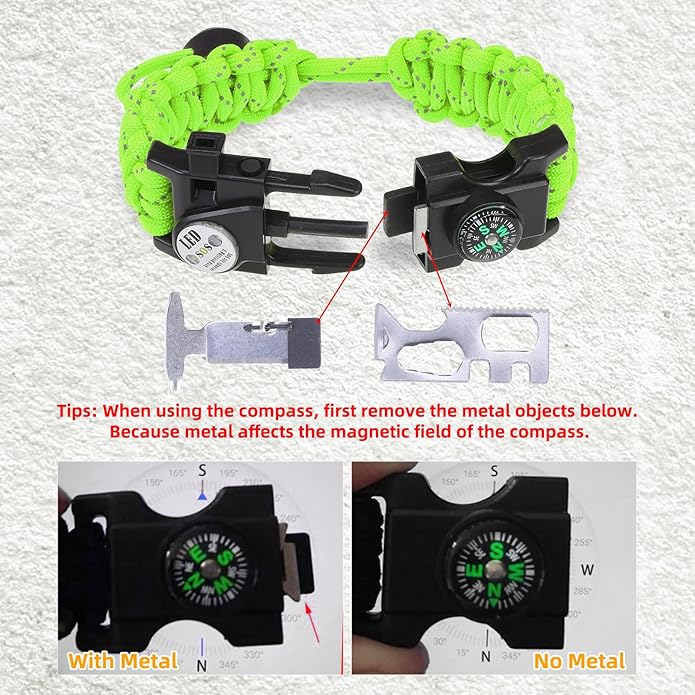 Survival Bracelets, Paracord Bracelets (2 pcs) with Loud Whistle Light Flint, Adjustable Compass Bracelet for Outdoor Camping Hiking Fishing Hunting, Multitools Tactical Gear, Bearable 300 lb