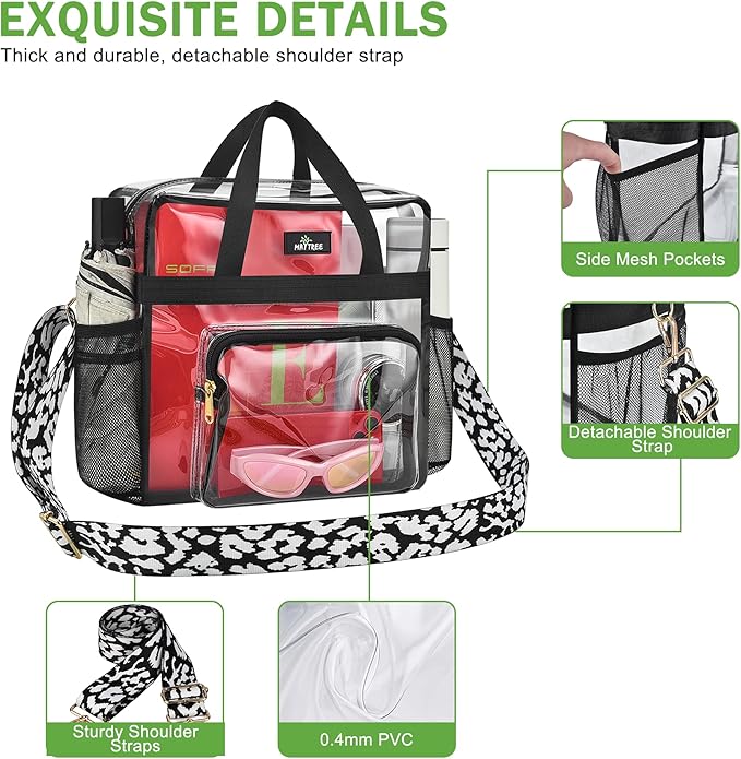 MAY TREE Clear Bag for Stadium Events, 12x6x15 Clear Tote Bag with Removable Strap, Transparent Bag for Concert Sports Gym, Cow-Strap