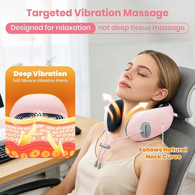Medicane Pink Neck Travel Pillow with Massage, Neck Massager with Heat & Gentle Vibration Massage with Ergonomic Foam,Perfect for Airplane,Car,Office,Pain Relief,Sleeping,Traveling,Long Flight
