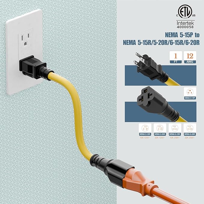 4 in 1 NEMA 5-15P Adapter Cord 1FT, Winxus NEMA 5-15P to 5-15R, 5-20R, 6-15R, 6-20R Adapter Cord, 15A to 20A AC Adapter Cable, Short Extension Cord, 3 Prong Extension Cable
