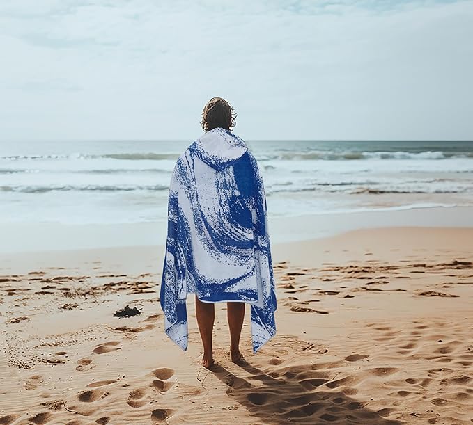 COTTON CRAFT Hooded Beach Towel - Oversized XXL 35x84 Towel with Hood for Adults - The Big Kahuna 7 Foot Large Beach Blanket Towel - Big & Tall Soft 100% Cotton Velour Pool Bath Wrap - Waves Blue