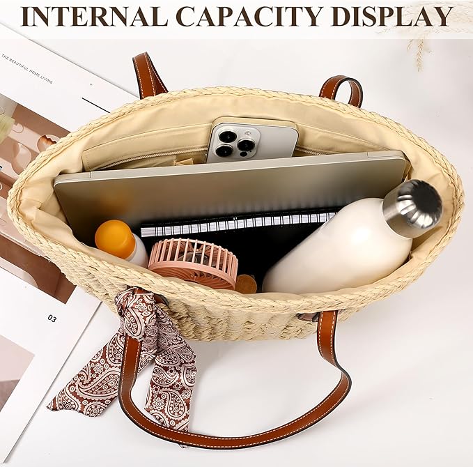 Trifabricy Beach Bags for Women, Summer Straw Bag, Woven Straw Beach Tote Bag Shoulder Handbags