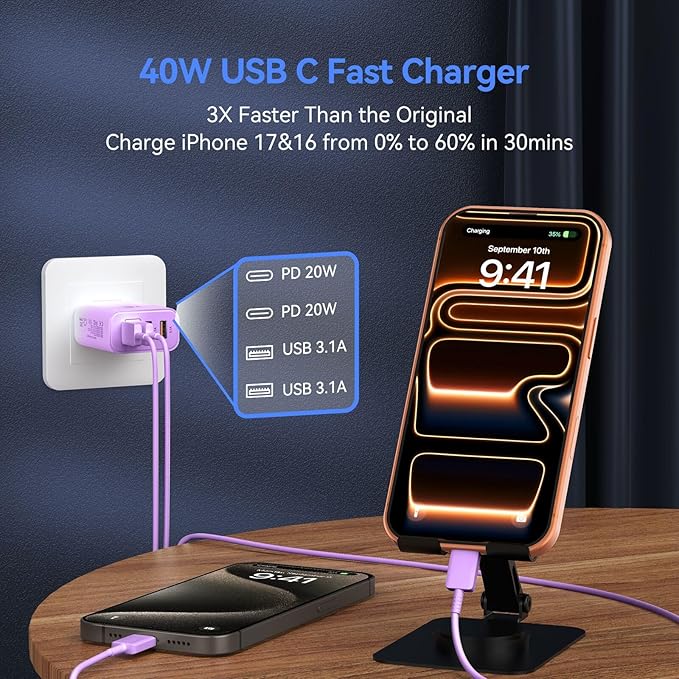 USB C Wall Fast Charger Block, 40W 4-Port Type C Chargers Fast Charging Blocks PD Power Charger Adapter+QC 3.0 USB Multiport Charger Brick for Phone 17/16/15/14/13/12 Pro Max, i-Pad, Galaxy S25-2Pack
