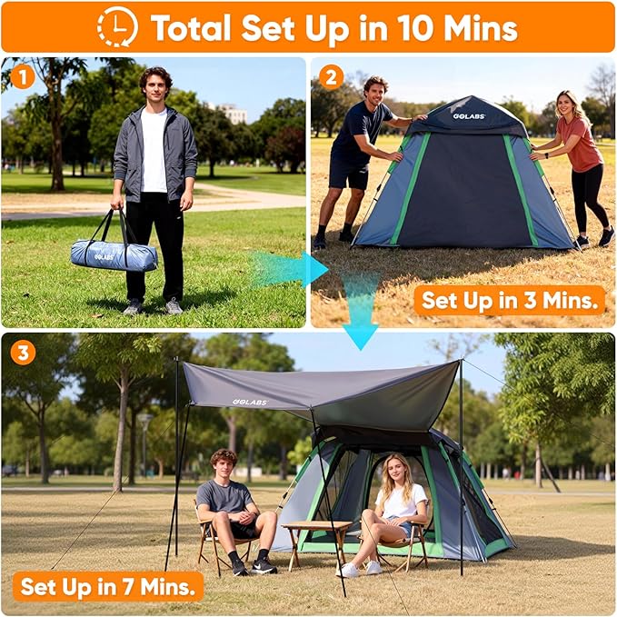 Golabs Pop Up Camping Tent for 2/3/4 Person, 1-Min Setup by Pre-Attached Pole, 4 Side Mesh& Door for View/Airflow, CT2 Instant Canopy Tent with PU1500mm Waterproof, for Outdoor/Camping/Music Festivals