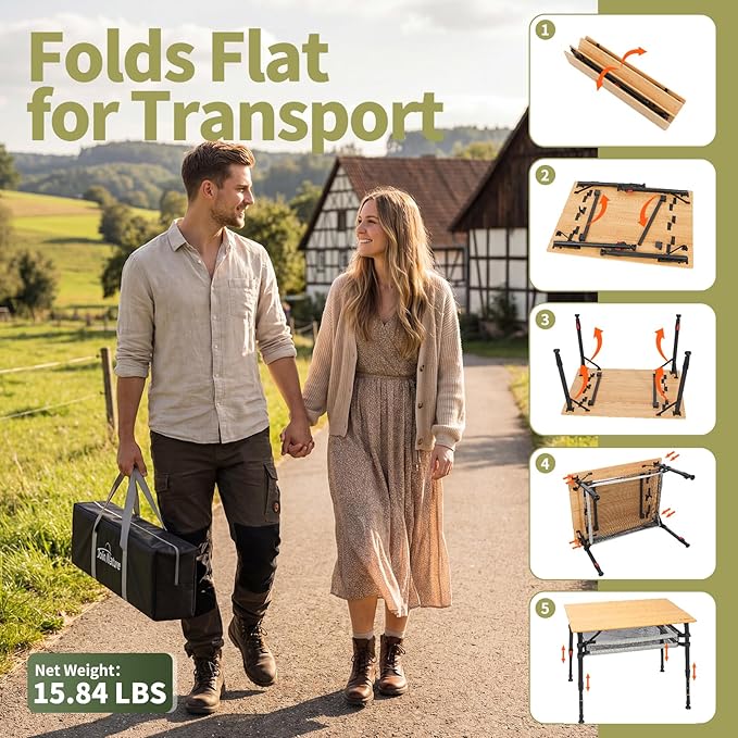 Join Nature Bamboo Camping Table, Adjustable Height Folding Outdoor Table with Aluminum Frame, Portable Camp Table with Carry Bag for Camping, RV, Picnic & Tailgating