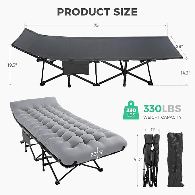 JEAREY Camping Cot for Sleeping 28" Extra Wide, Heavy-Duty 1200D Oxford Foliding Cots for Adults Portable with Mattress, Carry Bag for Guest, Travel, Hiking, Light Gray