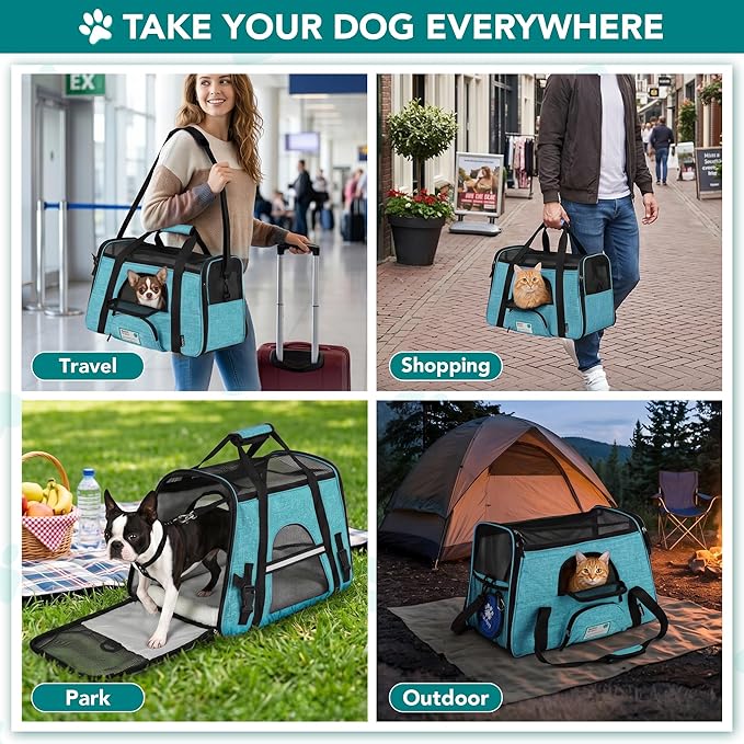 PetAmi Airline Approved Pet Carrier for Cats & Small Dogs, Soft Sided TSA Travel Carrier Bag Sherpa Bed, Breathable Mesh Ventilation, Collapsible Bowl, Fit Under Seat, Up to 18 lbs, Large Heather Blue