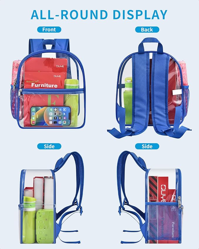 Paxiland Clear Backpack Stadium Approved 12×12×6 with Reinforced and Wider Shoulder Straps, Small Clear Bag for Schools, Concerts, Work, Festivals and Sporting Events - Blue