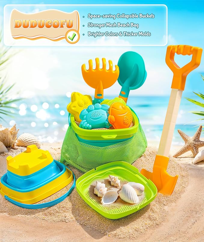 DUDUCOFU Collapsible Beach Sand Toys for Kids Toddlers, Collapsible Sand Bucket with Sifter Shovels Set with Mesh Bag and Sand Molds, Travel Beach Sandbox Toys for Boys Girls 3 4 5 6 7 8 9 10