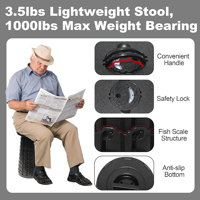 ALEVMOOM Upgraded 19.7" Collapsible Stool Portable + 1.38" Thicker Cushion, Telescoping Folding Seat for Adults, 1000lbs Max Weight, Heavy Duty Portable Chair for Outdoor Travel&Camping