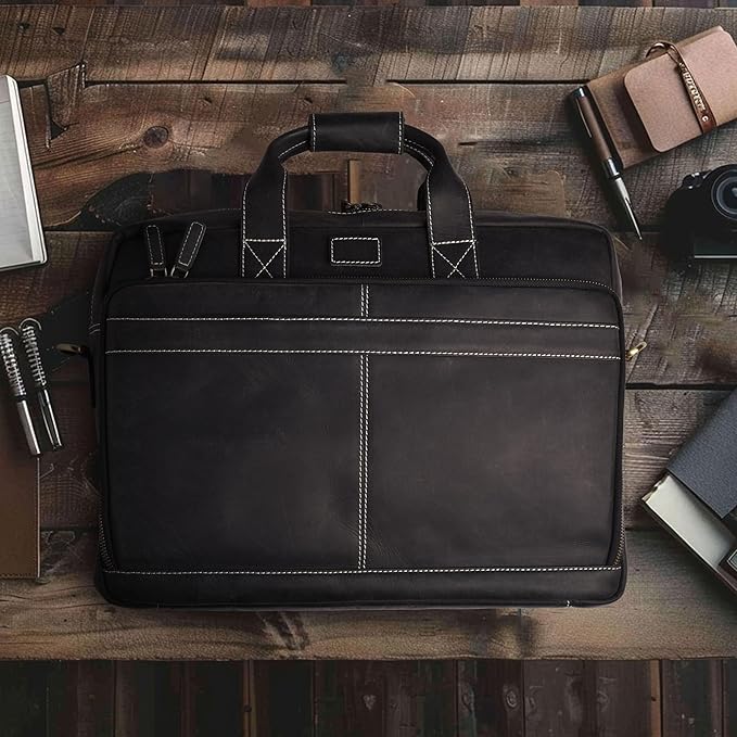 LEATHER VILLAGE 18" Leather Laptop Messenger Briefcase Bag for Men-Leather Satchel for Travel and Office Shoulder Bag- Black