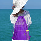 NATURAL STYLE Mesh Drawstring Backpack Bag, Gym Sports Bag with Zipper Pocket Bottle Holder, String Beach Bag for Swiming Travel (Purple)